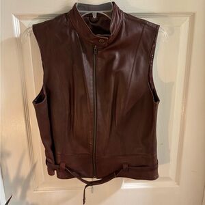 CAbi Women’s Dark Brown 100% Leather Moto Vest with snap belt, size M